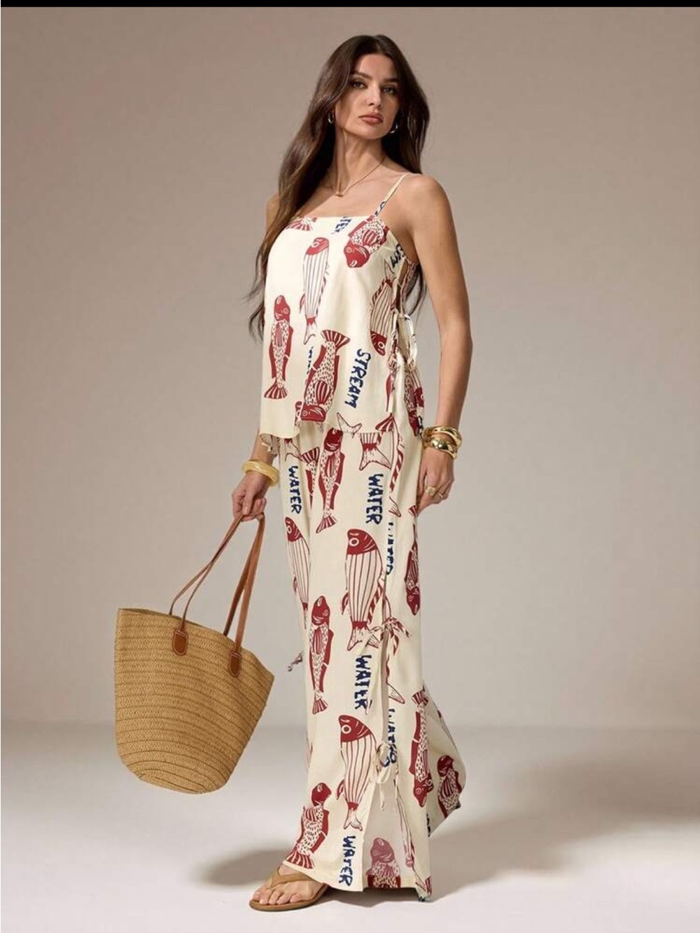 Women’s Cream Wide-Leg Fish Print Jumpsuit Set - Blue Print - Picture 5 of 8